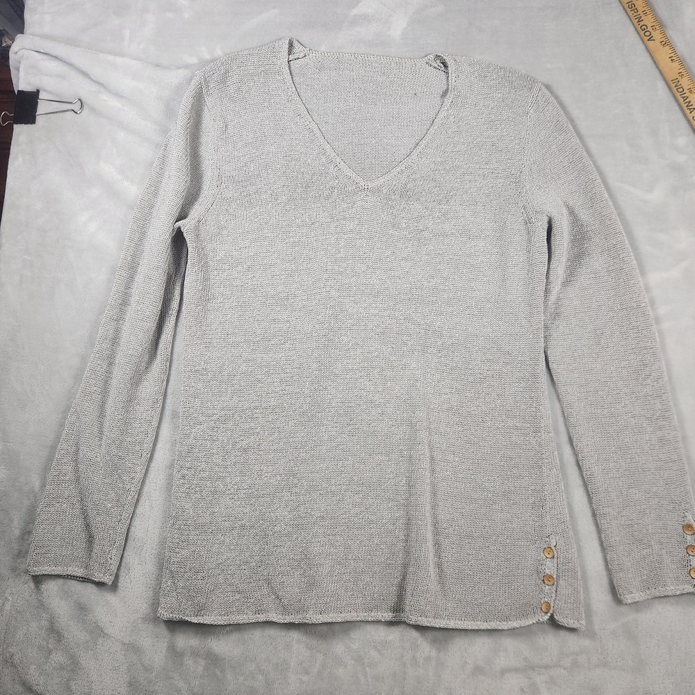J Mclaughlin Silver Long Sleeve V Neck Knit Tunic Sweater M Coastal Grandma